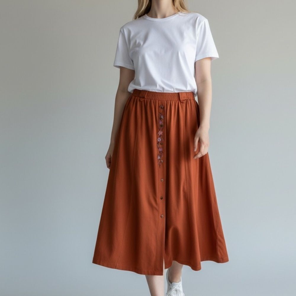 Vintage White Stag Embroidered Button-Down Skirt in Rust Color Size Medium